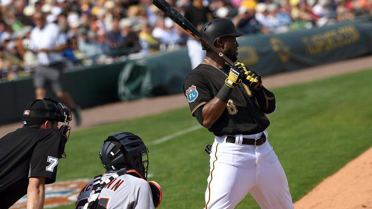 The Pirates' Starling Marte at bat in the first spring training game at McKechnie Field against the Detroit Tigers Wednesday afternoon. 
 TIFFANY TOMPKINS/Bradenton Herald
