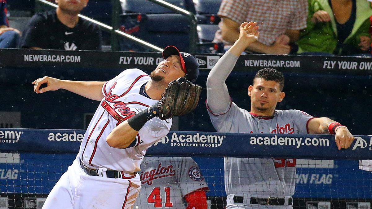 In this file photo, Atlanta Braves' Chris Johnson catches a pop foul by Washington Nationals' Ian Desmond at the Nationals dugout Sept. 15, 2014, at Turner Field in Atlanta.Desmond bought a house in Manatee County's Panther Ridge community in October. (Curtis Compton/Atlanta Journal-Constitution/MCT)
