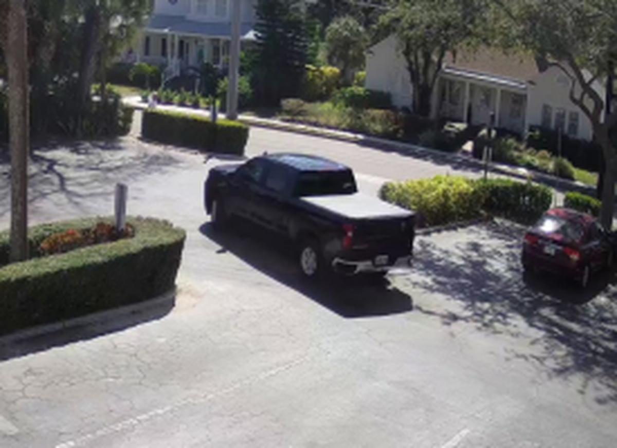 Police are searching for dark-colored pickup truck driven used by men who acted as pest control and burglarize multiple condominium homes in Bradenton 2,25,2022.