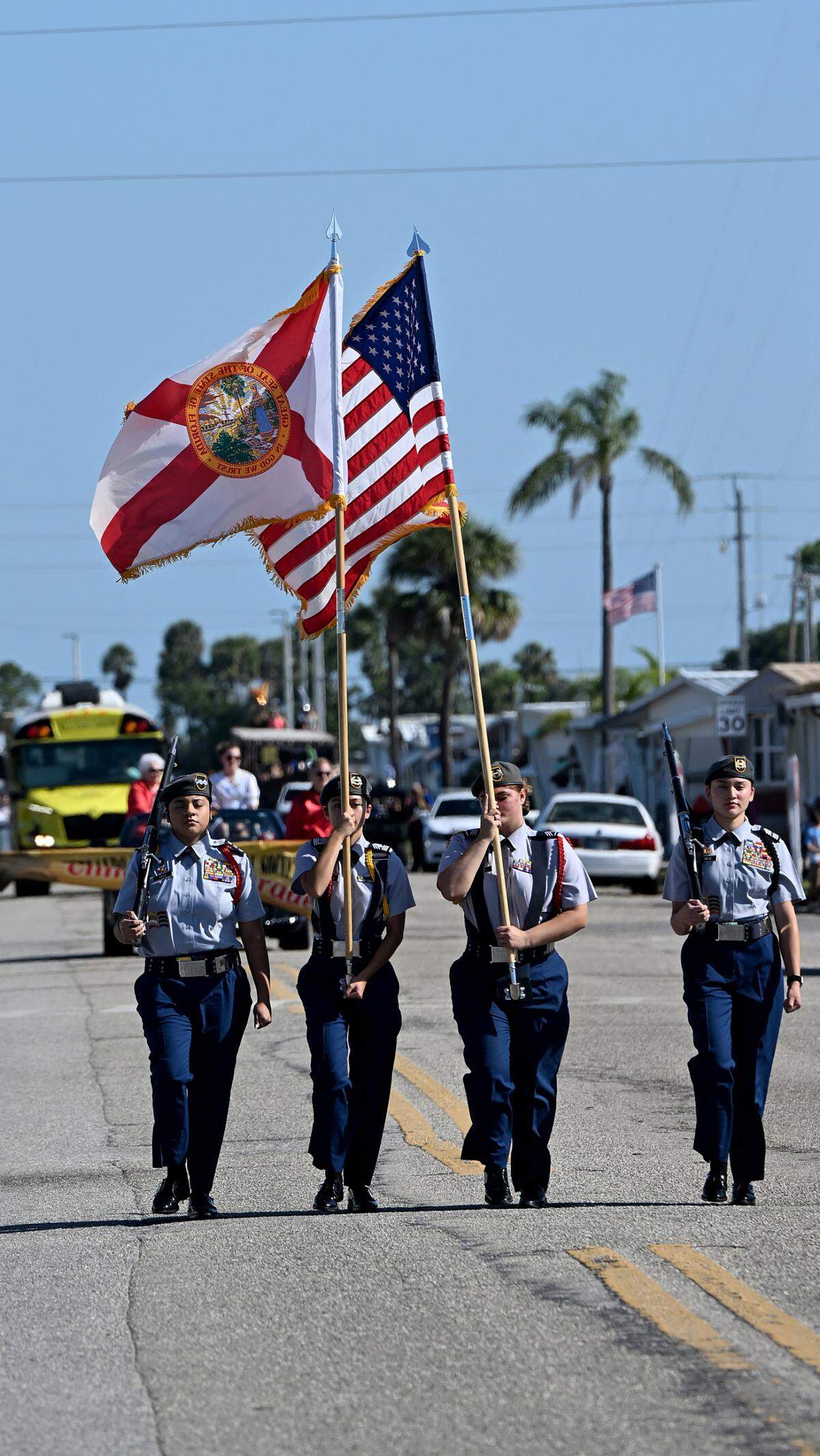 The parade begins with the JROTC flag bearers at the annual DeSoto Children’s Parade and Party in the Park in Palmetto on April 18, 2025.