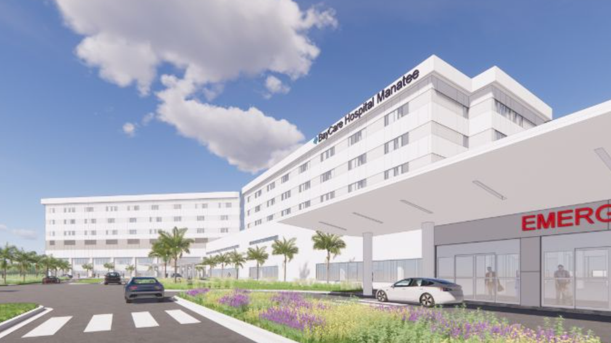 A rendering provided by BayCare shows the hospital planned for Manatee County’s North River area. The lettering on the building says BayCare Hospital Manatee.