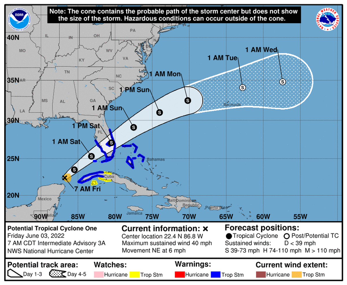 Forecast cone for potential tropical storm Alex as of 7 a.m. Friday