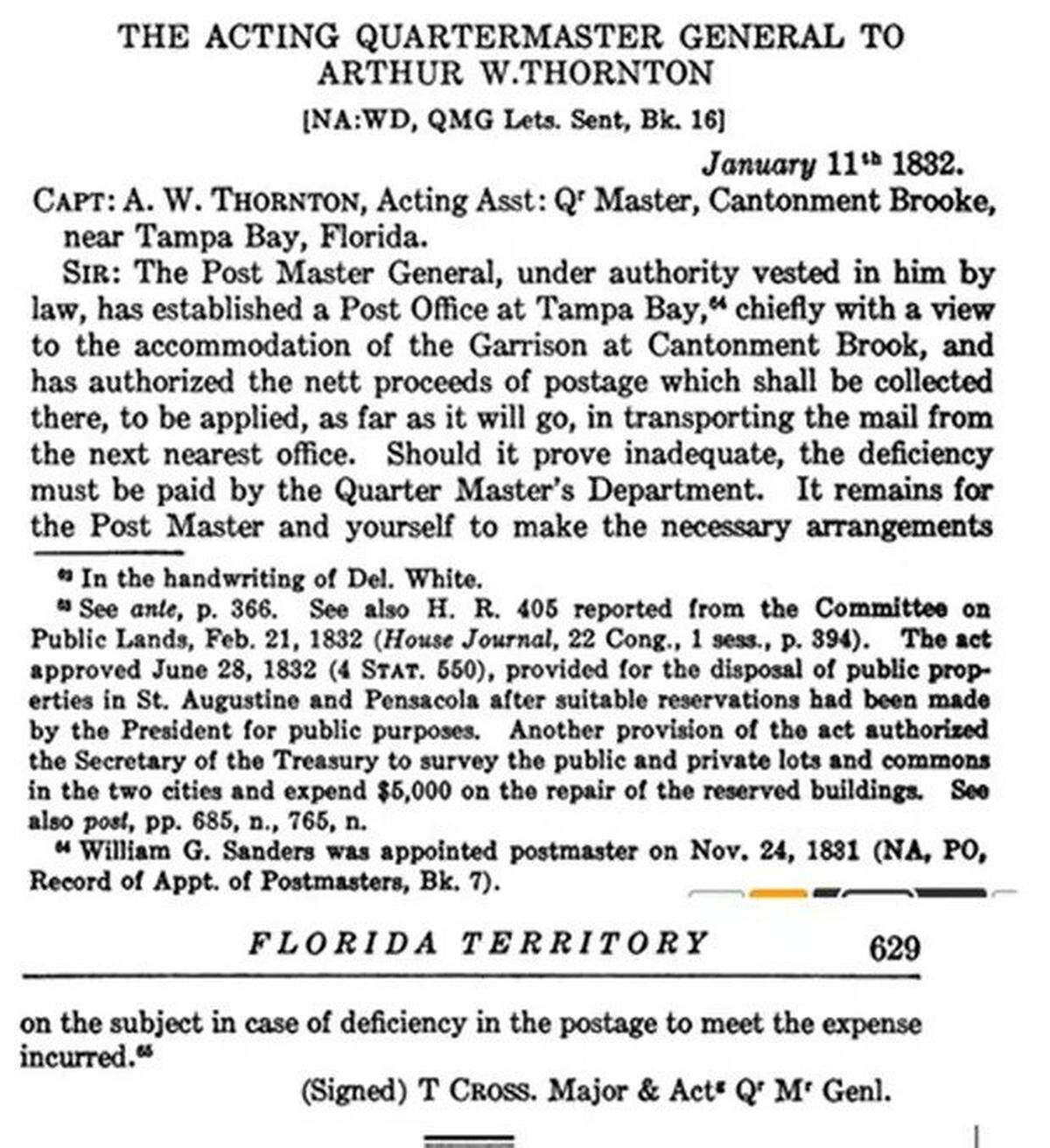 A typed copy of the order establishing the Post Office at Tampa Bay. The order is dated January 1832. The post office opened two months earlier.