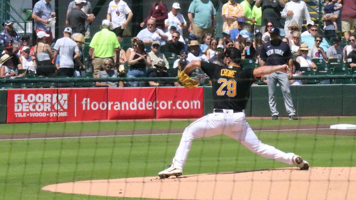 Will Crowe threw the first pitch of Spring Training for the Pittsburgh Pirates at LECOM Park March 18, 2022. The Bucs hosted the New York Yankees before a crowd of about 3,000.