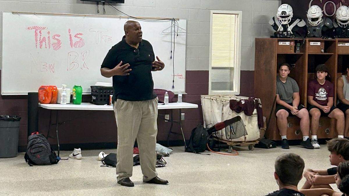 New Braden River Pirates head football coach Jason Grain speaks to players on Wednesday, June 5, 2024.