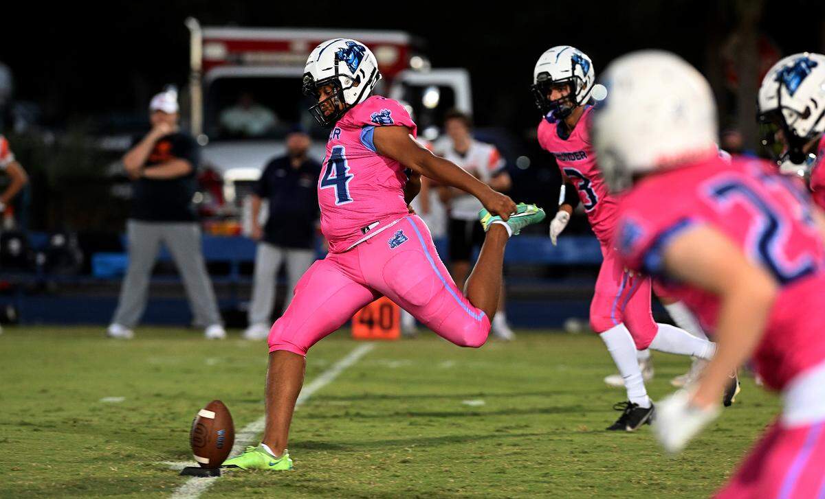 ODA’s Mika Levy approaches of the kick off against Bradenton Christian at the Out of Door Academy field on Friday, Oct. 20, 2023.