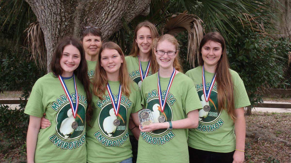 1st Place Team: 'Those Who Shall Not Be Named' from Manatee High School- Left to Right- Jessica Floto, Advisor Pat Zalo, Alexandra van den Ochtend, Rachel Hass, Megan Johnston and Valerie Kreisel PHOTO PROVIDED