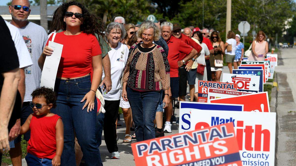 Hundreds of Sarasota and Manatee County residents line up to attend a GOP candidate rally at Robarts Arena on Saturday, July 16, 2022, to hear from top Republican leaders.