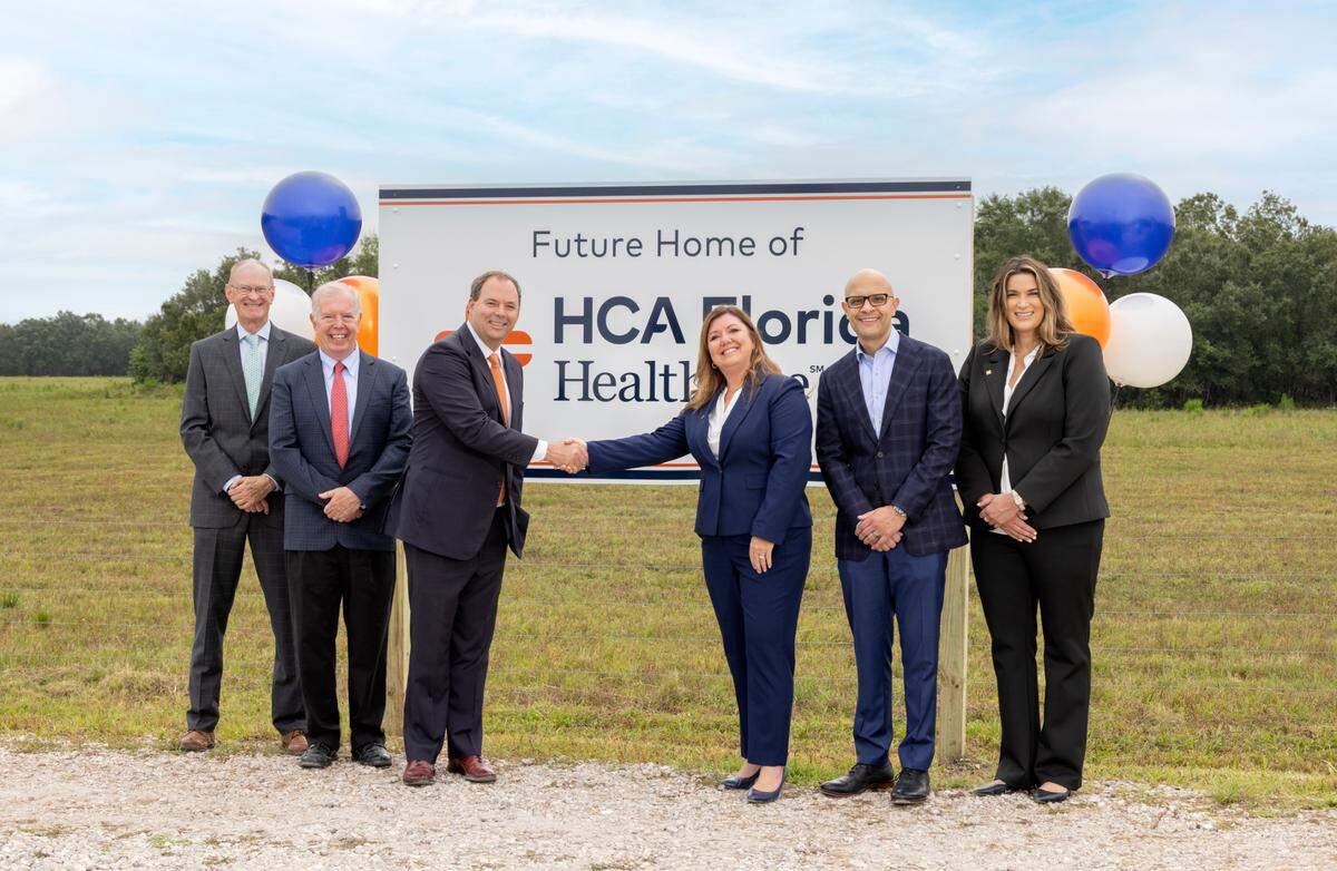 Neal Land & Neighborhoods and HCA officials met recently to talk about hospital plans for North River Ranch. Shown above, from left, are Charles Varah, VP Investment, Neal Land, Tom Panaseny, VP Land Development, Neal Land, ,John A. Neal, President, Neal Land, Cathy Edmisten, HCA Florida South Shore Hospital CEO, Jyric Sims, HCA Healthcare West Florida Divisionresident and Sarah Tavener, HCA Florida South Shore Hospital VP of operations.