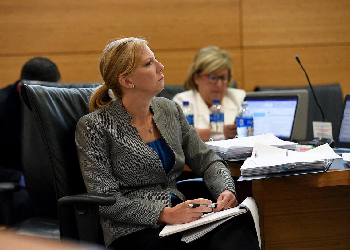 Attorney Erin Jackson, representing the Manatee school district, listens to testimony during a hearing to appeal the Lincoln Memorial Academy’s termination of their charter at the Manatee County Judicial Center Wednesday.