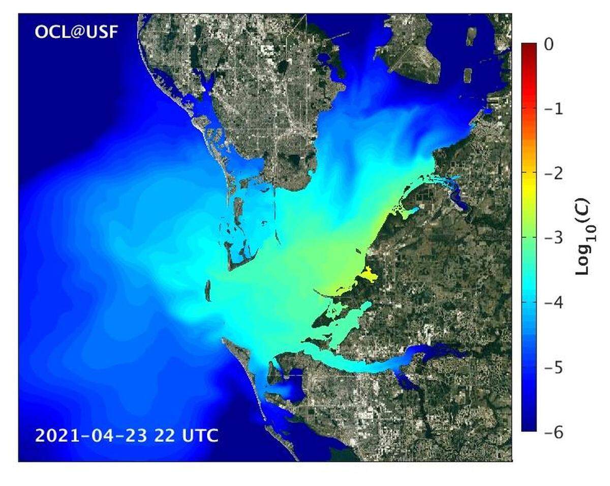A computer simulation modeling the trajectory of contaminants in wastewater released into Tampa Bay from the retired Piney Point fertilizer plant. Areas of highest concern are indicated by orange and yellow colors.