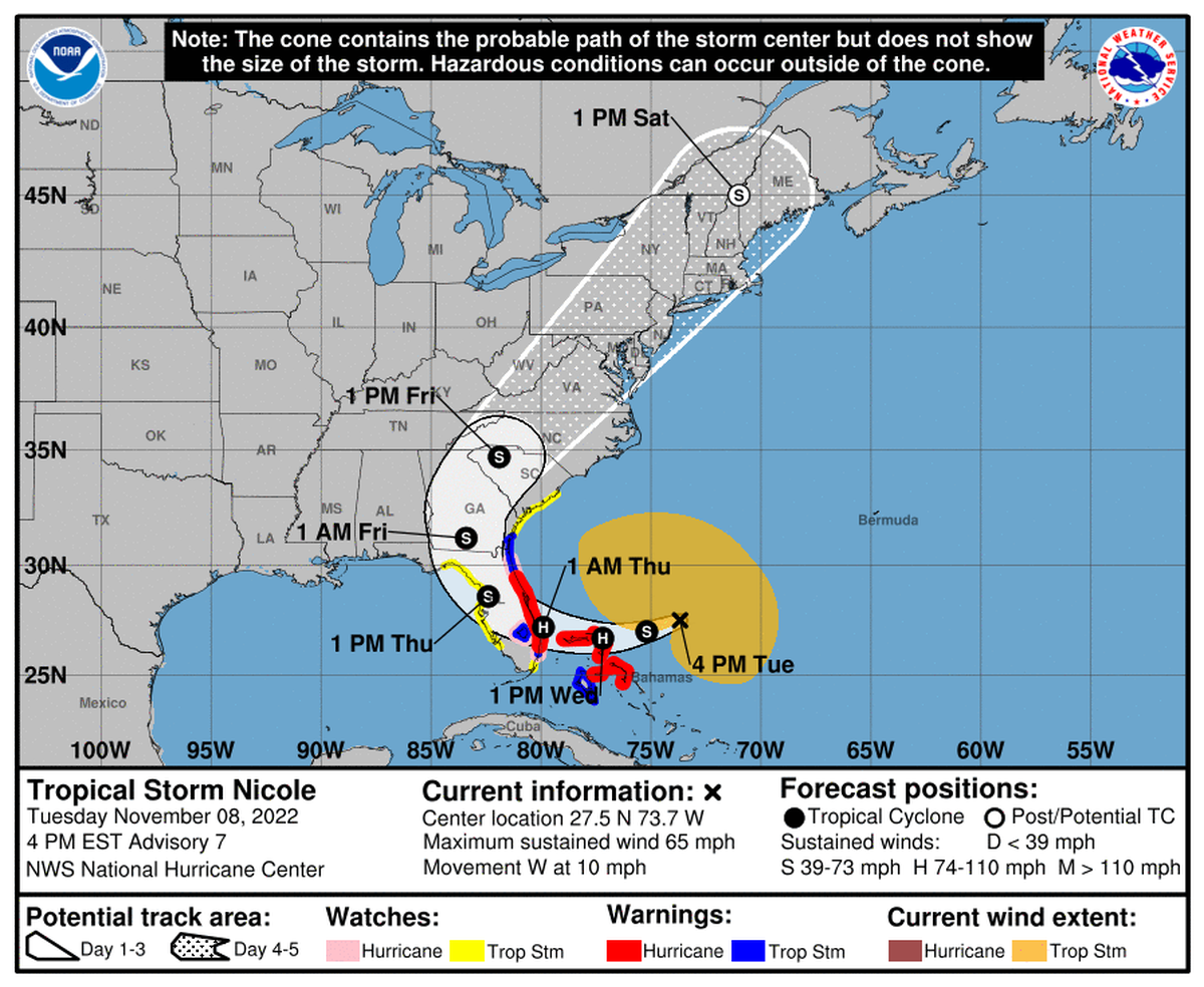 Forecast cone for Tropical Storm Nicole as of 4 p.m. Tuesday