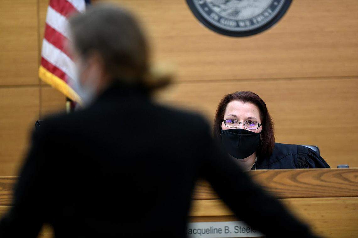09/21/21—Judge Jacqueline Steele listens to Taylor Anderson’s defense attorney, Jennifer Fury, during video first appearance. Anderson is charged with charged with sexual battery by custodial authority, traveling to meet a minor and transmission of harmful material to a minor.