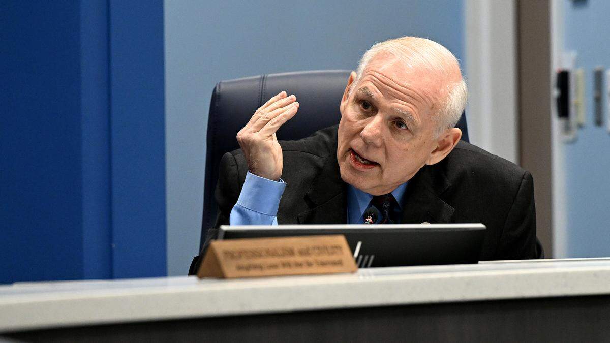 Manatee County District 5 Commissioner Bob McCann speaking during a public meeting on June 17, 2025.