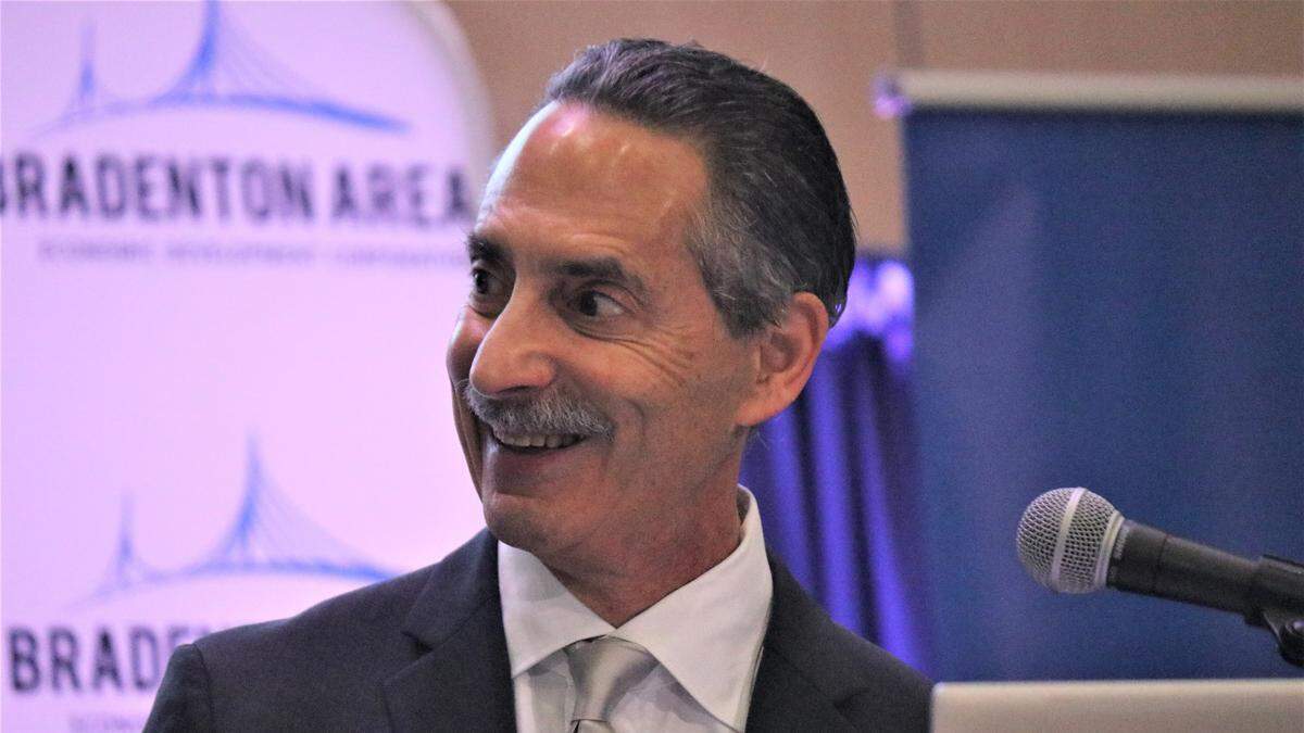 Hank Fishkind presents his annual economic forecast to the Bradenton Area Economic Development Corp. Thursday at Manatee Technical College.