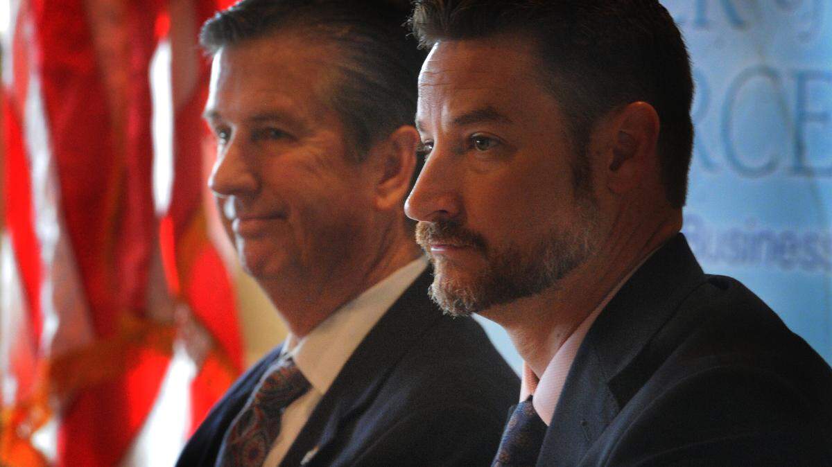 State Rep. Jim Boyd, R-Bradenton, and state Rep. Greg Steube, R-Sarasota, listen to questions at the 2016 Legislative Roundtable preview at IMG Academy Golf Club in Bradenton. 
 GRANT JEFFERIES/Bradenton Herald