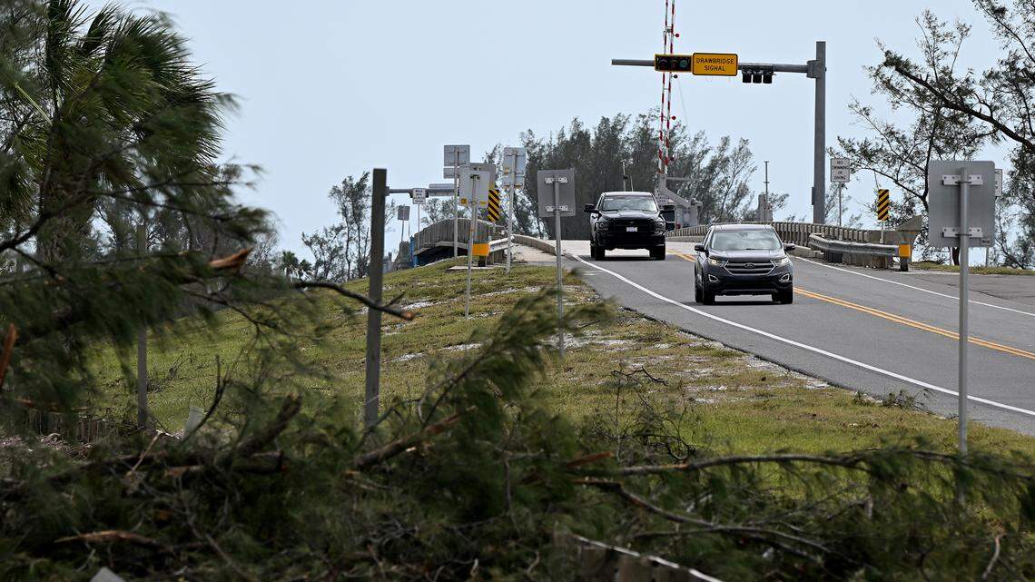 Traffic from Longboat Key comes northbound over the Longboat Key drawbridge to Bradenton Beach after Hurricane Milton on Anna Maria Island on Oct. 11, 2024.