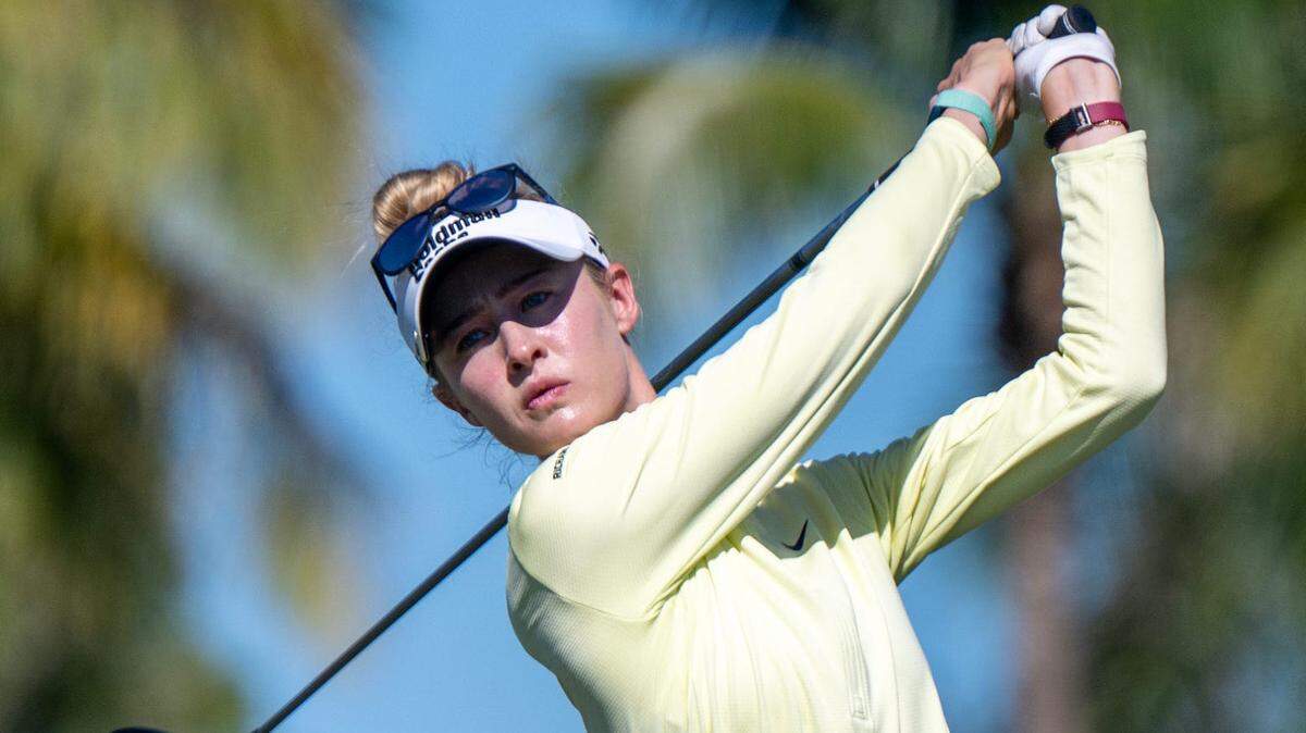 Nelly Korda tees off on the 9th hole during the final round of the CME Group Tour Championship at the Tiburon Golf Club in Naples, Florida, on Sunday, November 19, 2023.