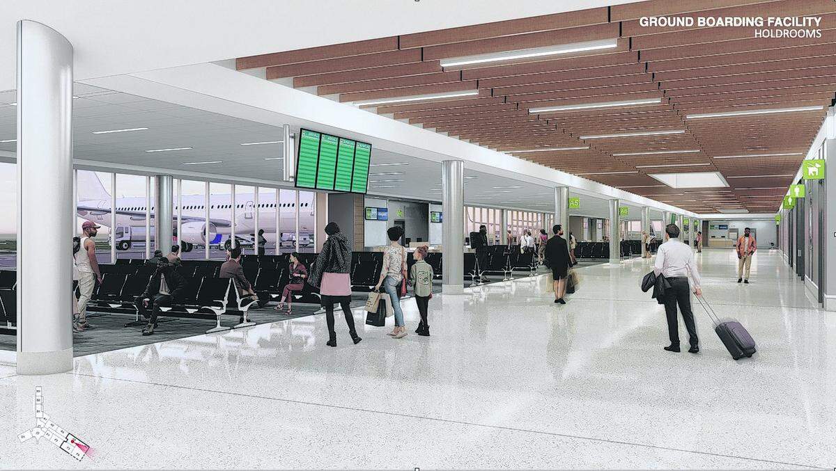 The planned ground transportation facility holding area at Sarasota Bradenton International Airport would look like this. Passengers would board their flight by stairs or handicapped accessible ramps.