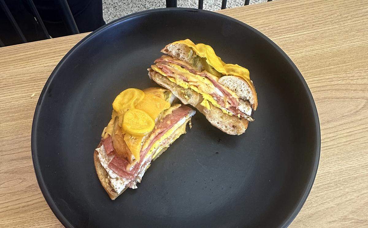 The PRP special, shown here on a jalapeno cheddar bagel, is a signature breakfast sandwich at Pork Roll Pete’s at 4657 Cortez Road W., Bradenton. The restaurant opened in July 2025.