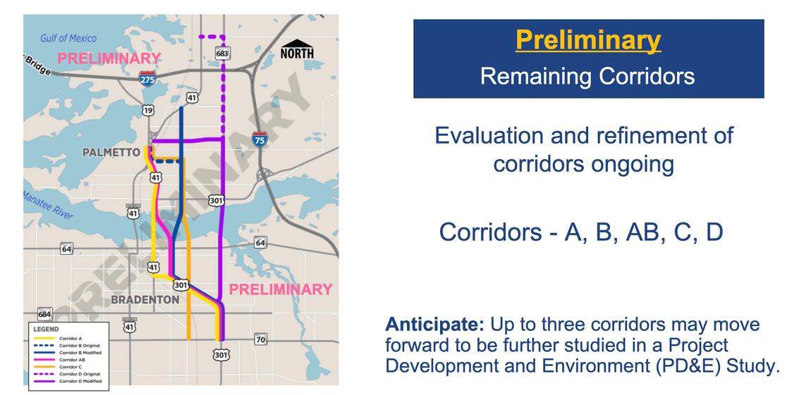 The Florida Department of Transportation has eliminated five of the 10 possible locations for a new bridge across the Manatee River as part of a Bradenton-Palmetto Connector study. The five remaining possibilities are depicted on this map.
