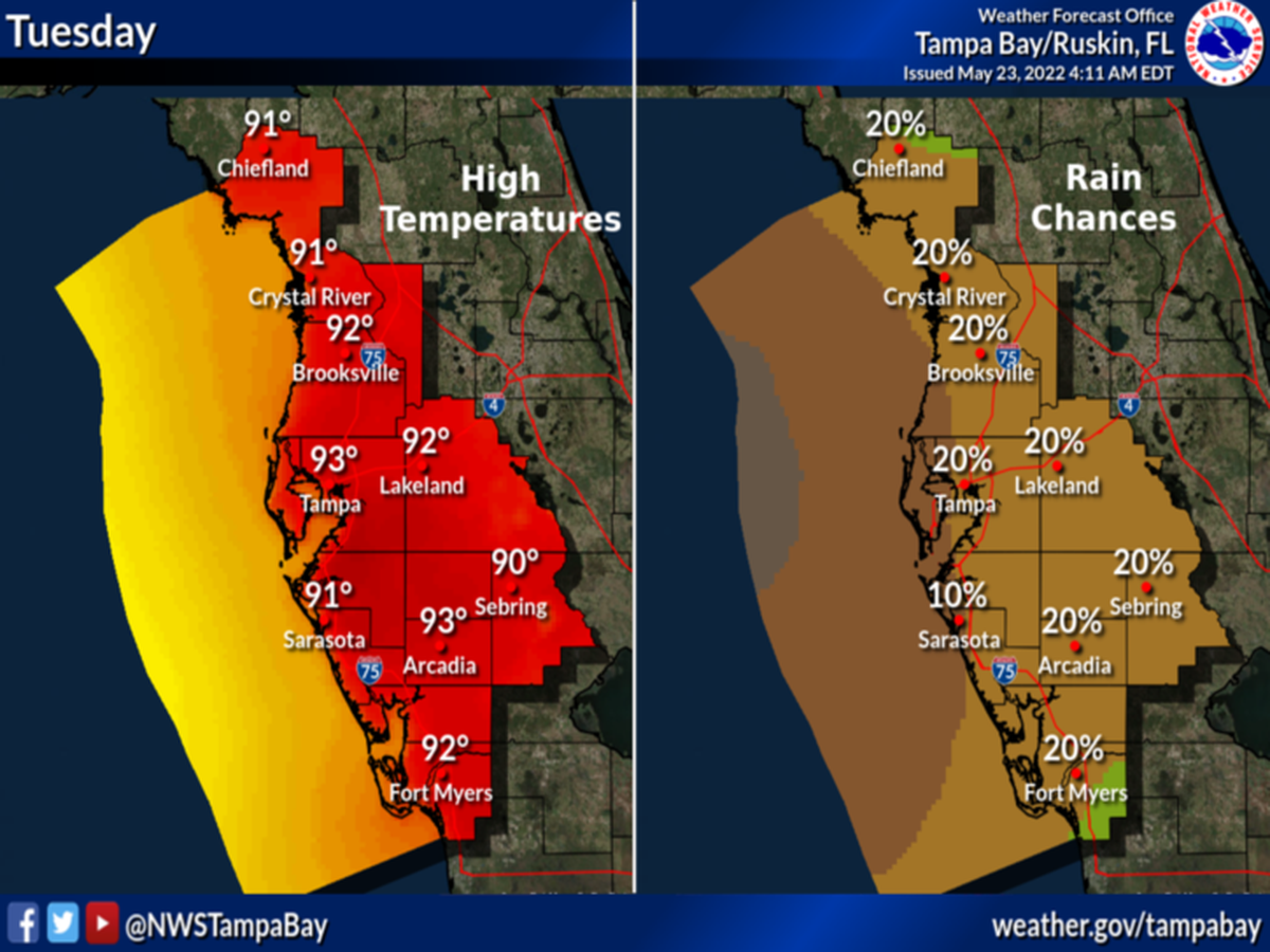Forecast high temperatures and rain chances for May 24, 2022. 