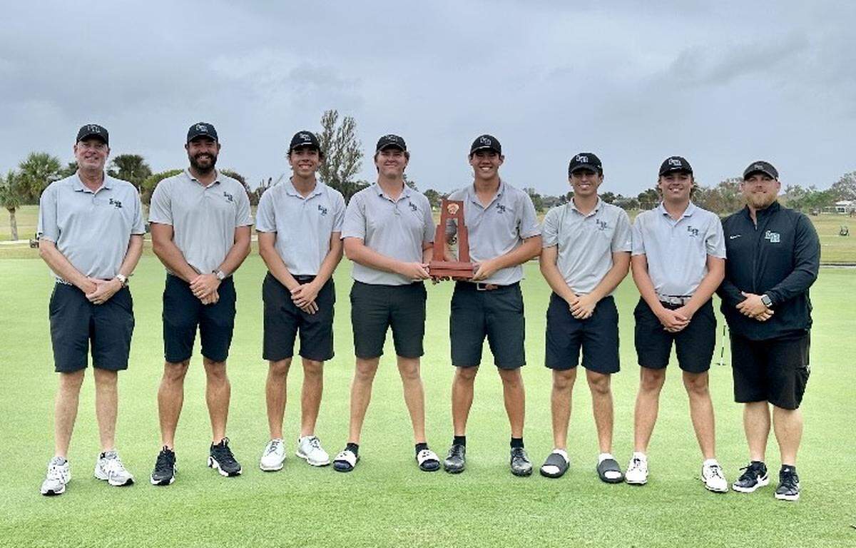 Lakewood Ranch’s boys golf team won its third straight regional title to qualify for the state tournament on Nov. 19-20, 2024 at Mission Inn and Resort in Howey-in-the-Hills. From left to right: Head coach Dave Frantz, assistant coach Seath Lauer, senior Luke Wilson, senior Henry Burbee, senior Parker Severs, sophomore Brett Traver, sophomore Owen Gellatly and assistant coach Brian Ross.