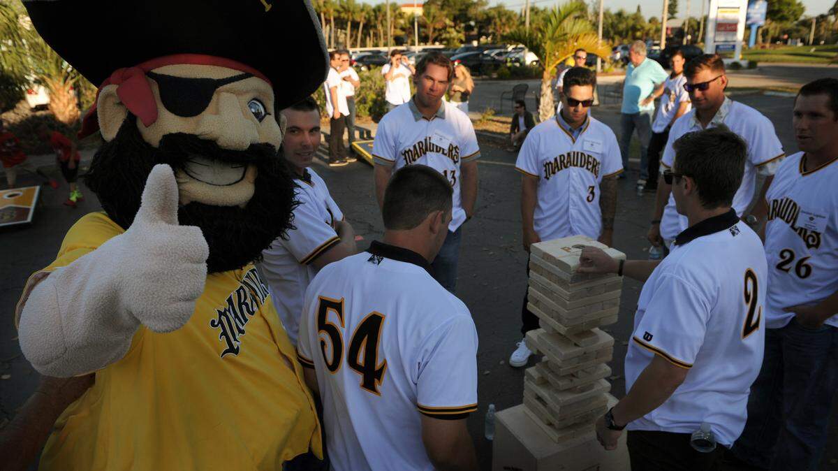 Marty the Marauder gives a thumbs-up during a Meet the Marauders event to kick off the upcoming season Tuesday in Holmes Beach. Photos by GRANT JEFFERIES/Bradenton Herald