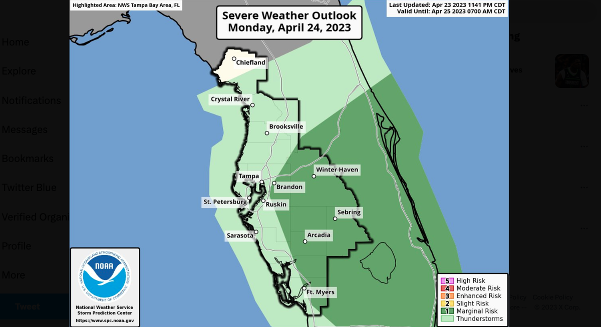 Possible severe weather on Monday, April 24, 2023 according to the National Weather Service of Tampa Bay