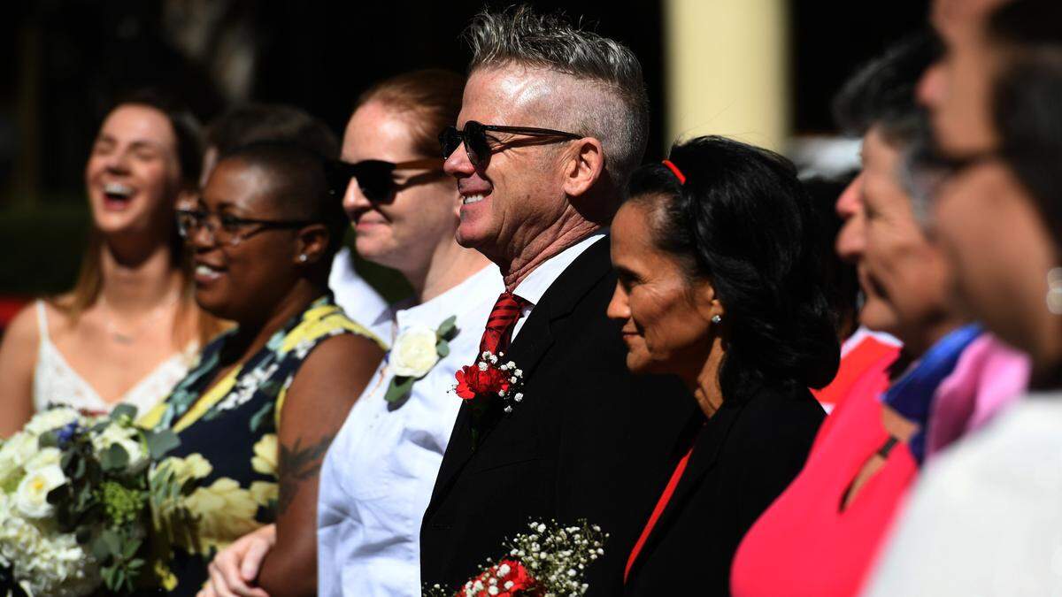 Couples made their relationships official during a group wedding ceremony at the Manatee County Historic courthouse’s gazebo on Feb. 14, 2022. Clerk of Court’s Angel Colonneso officiated over the ceremony where couples recited their vows.