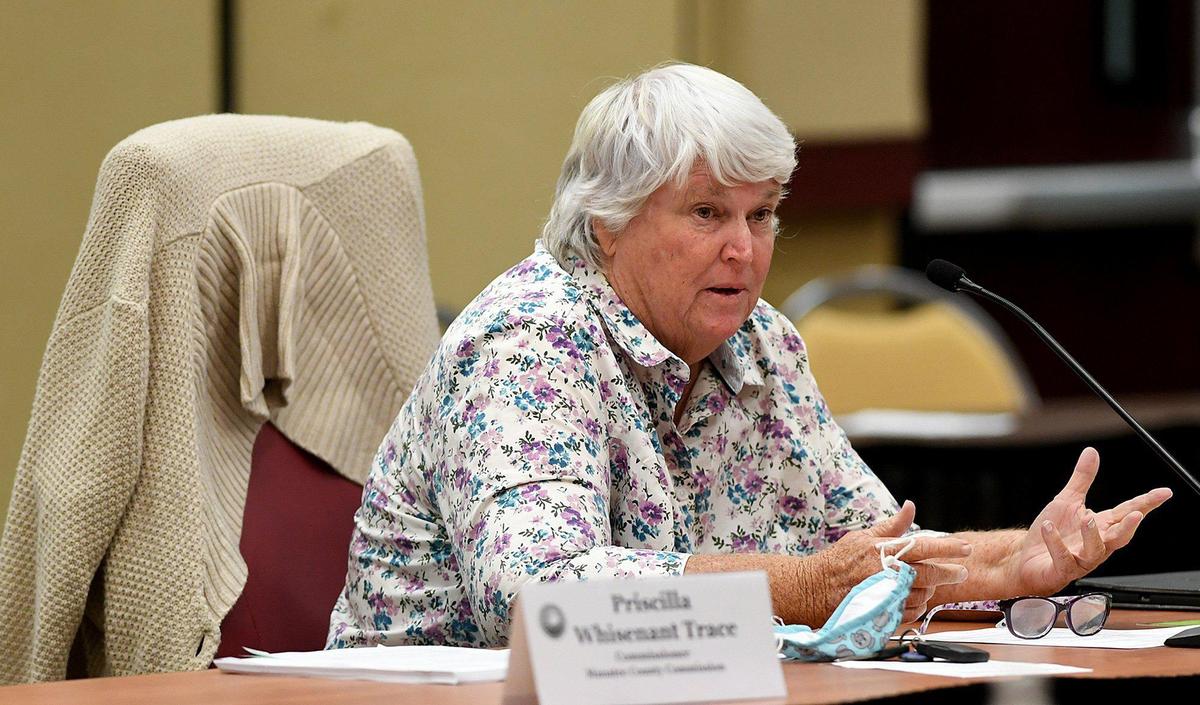 Commissioner Priscilla Trace addresses the Manatee County Commission before they approved an allocation of $1 million a year for five years to Mote Marine for the naming rights for a new manatee exhibit at their new facility at Nathan Benderson Park.