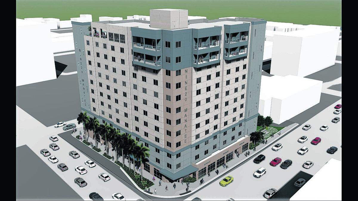 The 12-story Nine20 Manatee apartment building will  feature protruding balconies on the 11th and 12th floors, as well as a shade awning that covers the sidewalk on the ground floor.&nbsp;