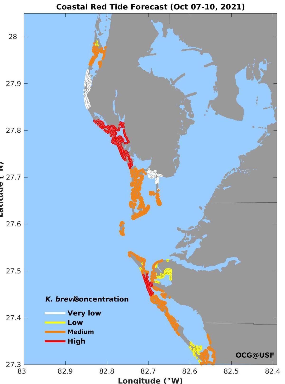 This coastal red tide forecast produced by the University of South Florida and the Florida Wildlife Research Institute shows very low to high levels of red tide algae lingering around the Southwest Florida coastline over the coming days.