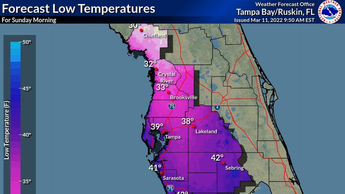 Sunday morning forecast temperature map shared on the National Weather Service Tampa Twitter account. 03/11/2022.