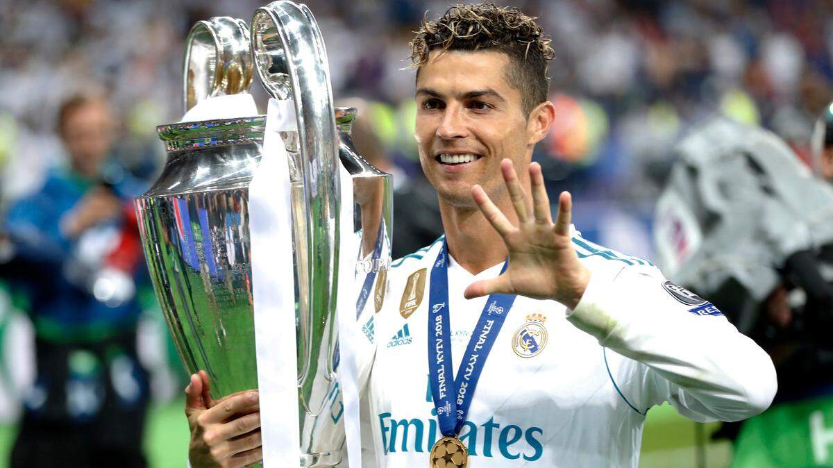 In this Saturday, May 26, 2018 file photo Real Madrid's Cristiano Ronaldo celebrates with the trophy after winning the Champions League Final soccer match between Real Madrid and Liverpool in Kiev, Ukraine.
