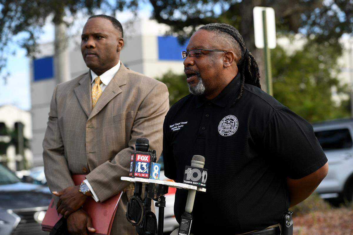 01/06/22—Frank Allen, an Orlando-based attorney, with Robert Powell, president of the Manatee NAACP, at a press conference announcing a lawsuit that could be filed against the school district and the sheriff’s office if they are not held accountable for the arrest of Ja’Quyla Jones, which took place after she recorded a school fight.