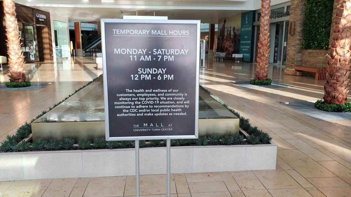 The Mall at University Town Center has announced reduced operating hours in response to the COVID-19 threat.
