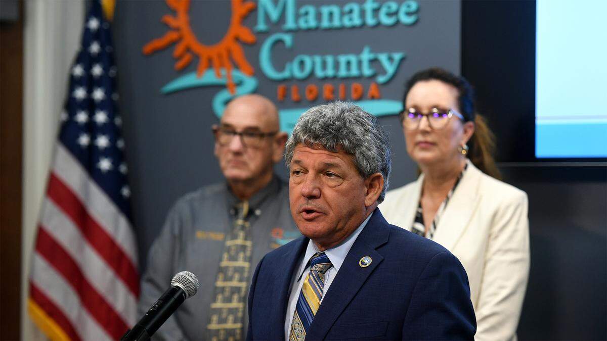 Manatee County Administrator Scott Hopes addresses the media at the Emergency Operations Center in Bradenton during an update on closings, shelter openings and evacuation orders on Sept. 26, 2022 as Hurricane Ian approaches.