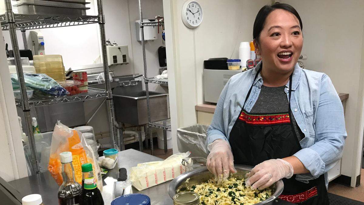 Ellee Yang prepares spinach dip using shredded bamboo as an ingredient Thursday at Mixon Fruit Farms, 2525 27th St. E., Bradenton. The bamboo is being grown for food and is an emerging crop in Florida.