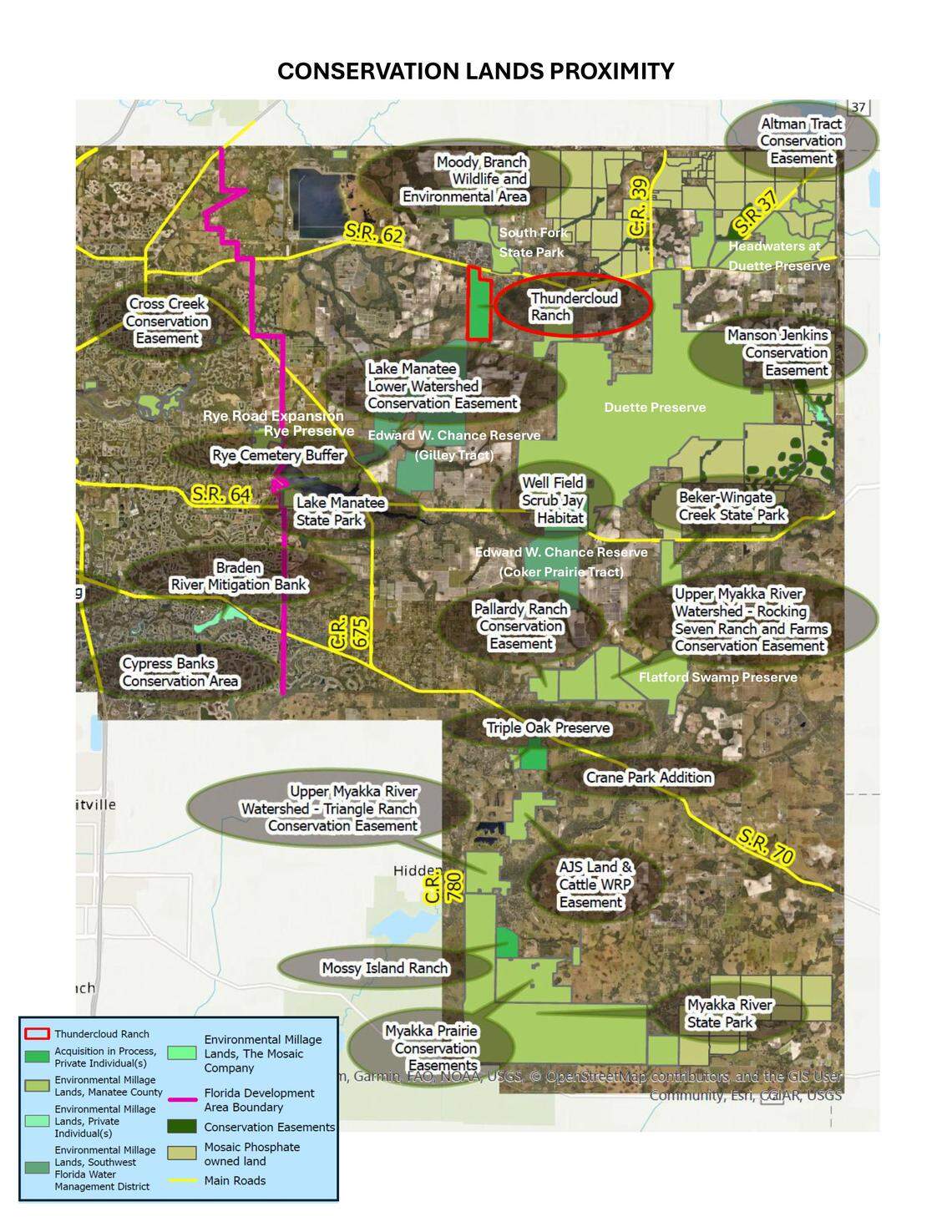 A map shows how Mossy Island Ranch and Thundercloud Ranch would link to existing conservation lands in East Manatee County.