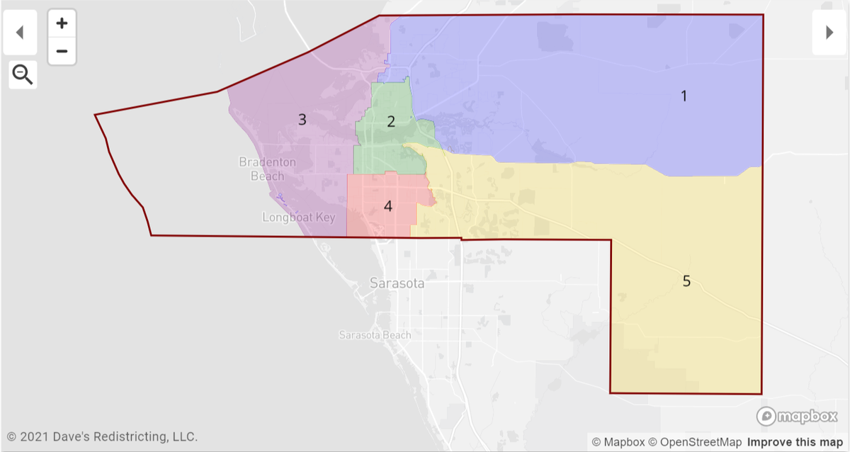 The draft map presented by Mary Foreman at the Manatee County School Board’s Oct. 29 workshop on redistricting.