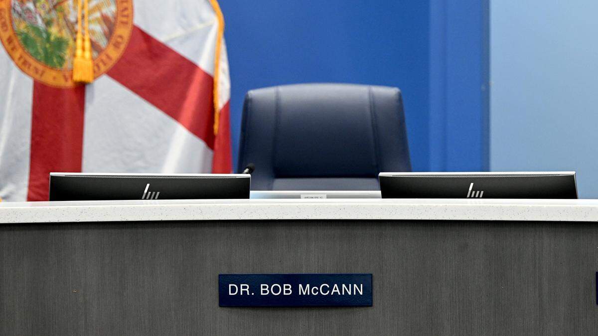 Commissioner Bob McCann’s seat at the Manatee County Board of Commissioners was empty during a public meeting on April 1, 2025.