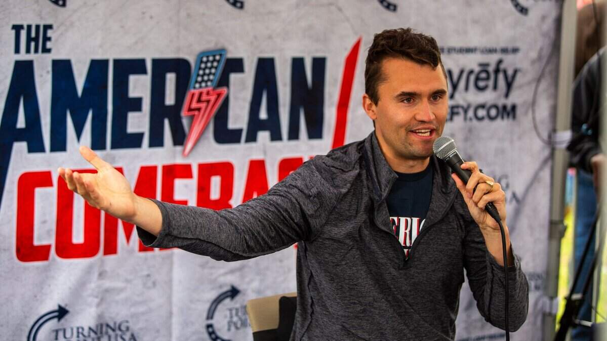 Right-wing activist Charlie Kirk debates with CSUN students during his American Comeback tour stop at CSUN in Northridge, Calif., on March 6, 2025. (Photo by Benjamin Hanson / Middle East Images via AFP) (Photo by BENJAMIN HANSON/Middle East Images/AFP via Getty Images)          