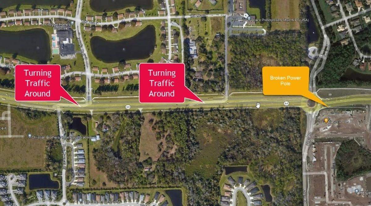 Traffic is being diverted on State Road 64 East, following a high-speed chase that damaged a utility pole.
