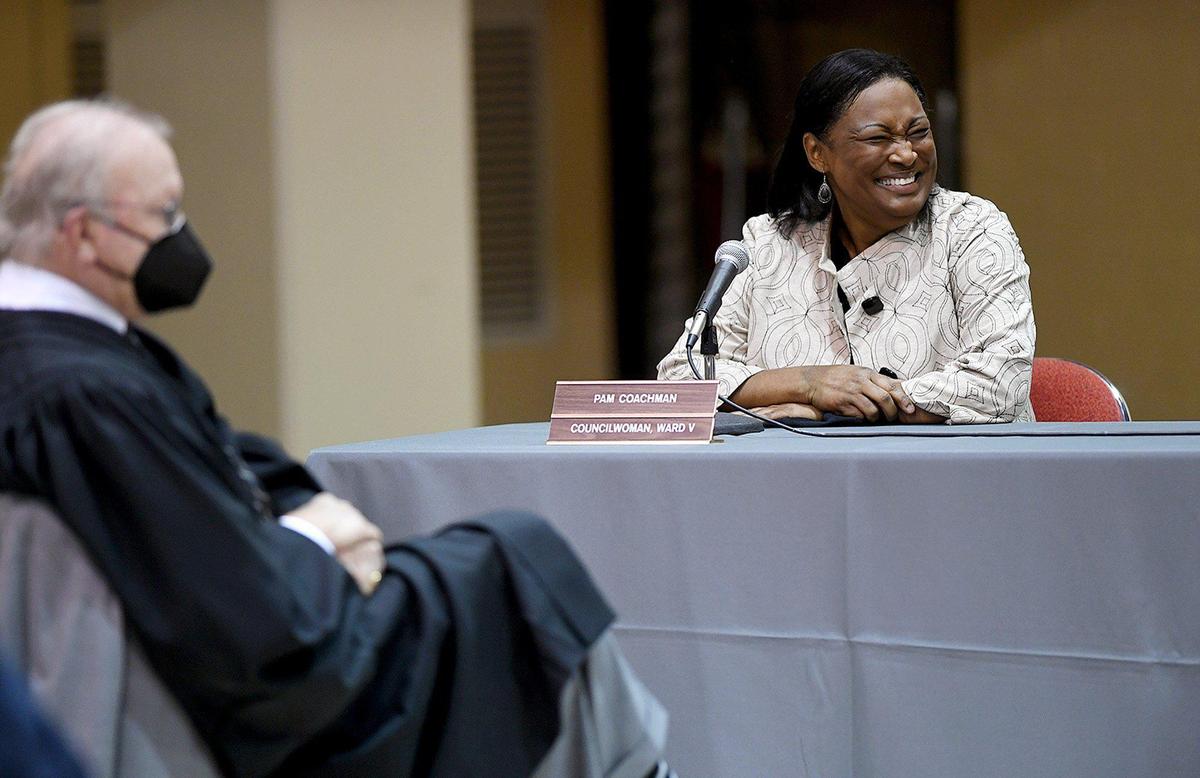 01/05/20--New councilwoman Pamela Coachman laughs during the first official meeting of the new members at the Bradenton Auditorium January 5, 2021.