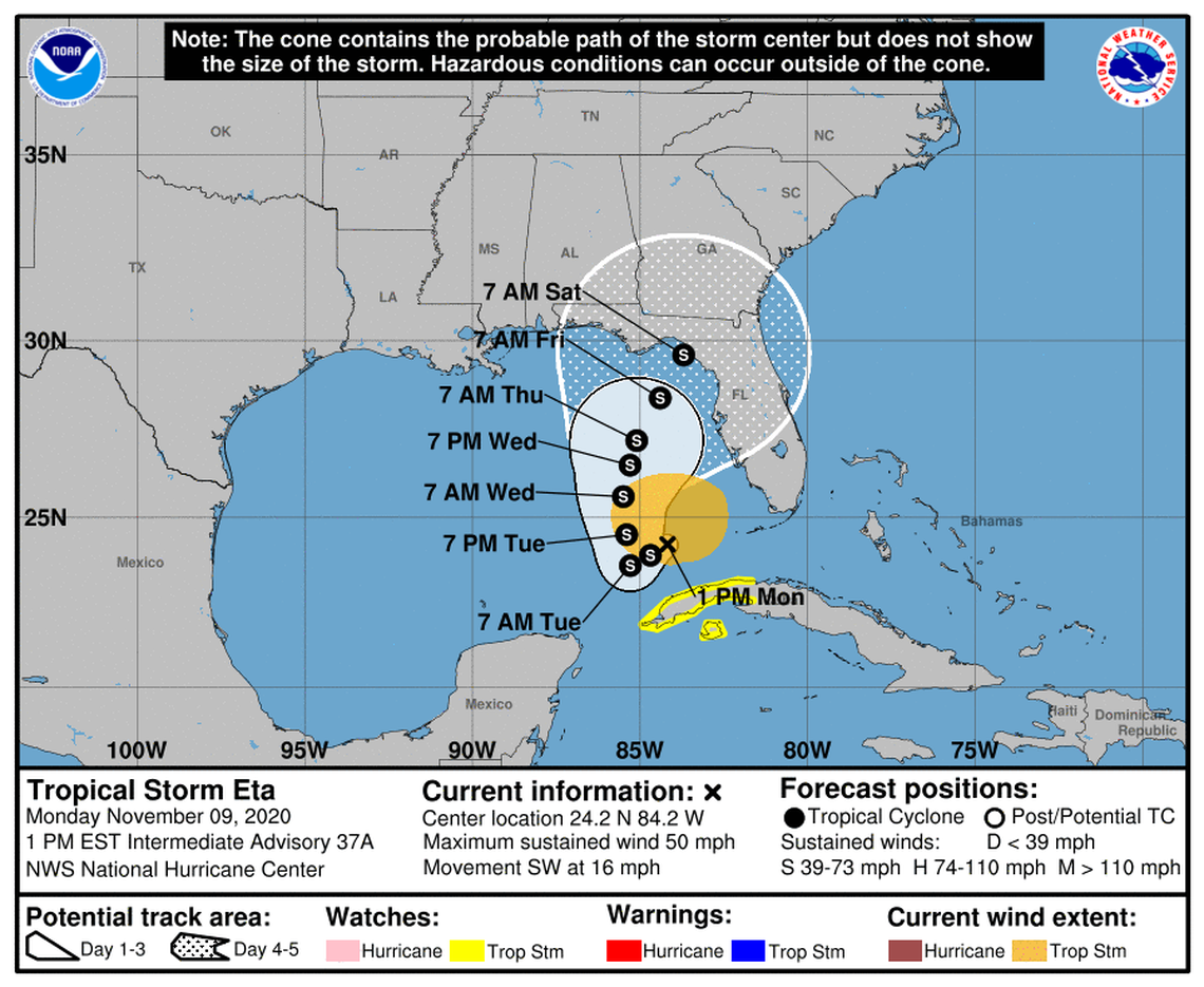 The forecast cone including watches and warnings for Tropical Storm Eta as the National Hurricane Center’s 1 pm. public advisory.