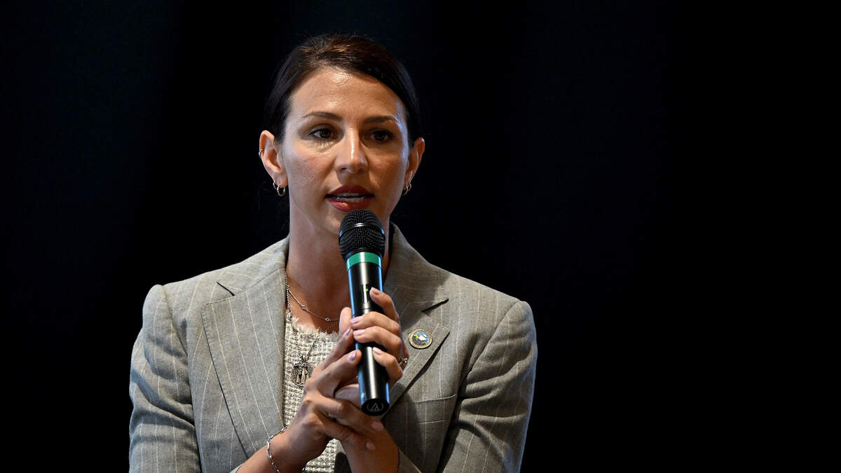 Commissioner Amanda Ballard takes a question during the Manatee Tiger Bay Club County Commissioner Candidate Forum for Districts 1 and 2 at the Manatee Performing Arts Center on June 25, 2026.