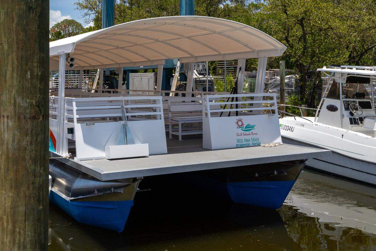 Two 50-foot catamarans have arrived for the long-awaited water taxi service to beaches in Manatee County Florida Gulf Coast.