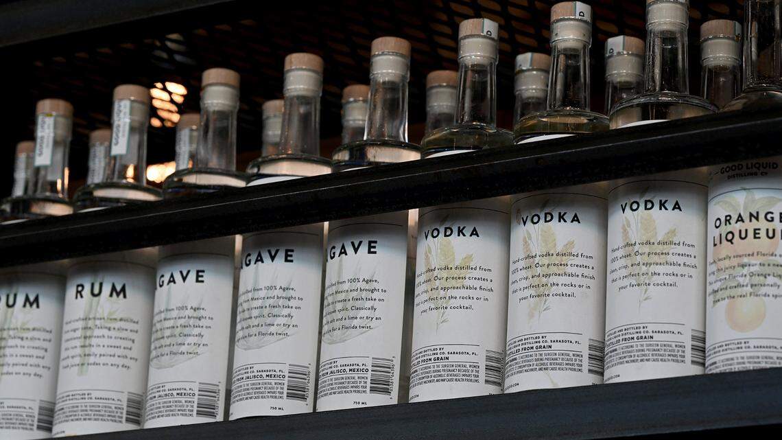 Bottles lined up above the bar at Good Liquid Brewing Co. in downtown Bradenton on March 12.
