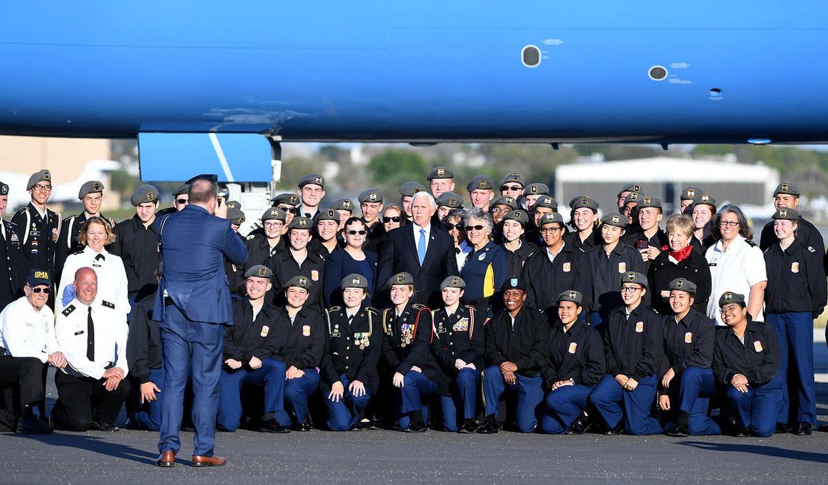 Vice President arrives at the Sarasota-Bradenton International Airport to attend a fundraiser at Congressman Vern Buchanan’s Longboat Key home. Before leaving the airport, the vice president posed for a picture with students from Sarasota’s Military Academy.
